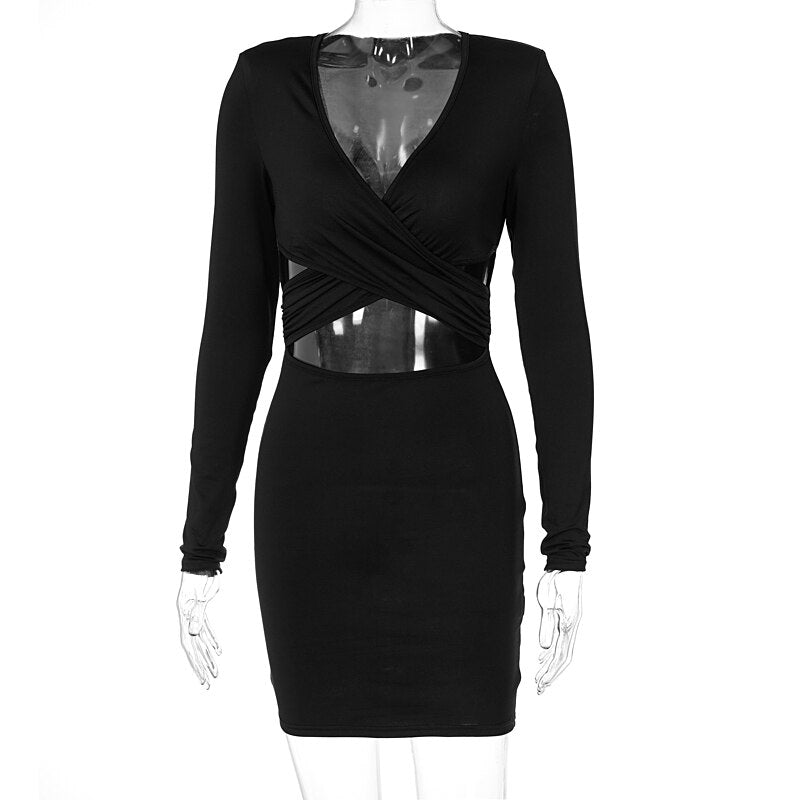 Voguable Long Sleeves V Neck Hollow Out Solid Mini Dress Outfit Y2K Streetwear Maxct