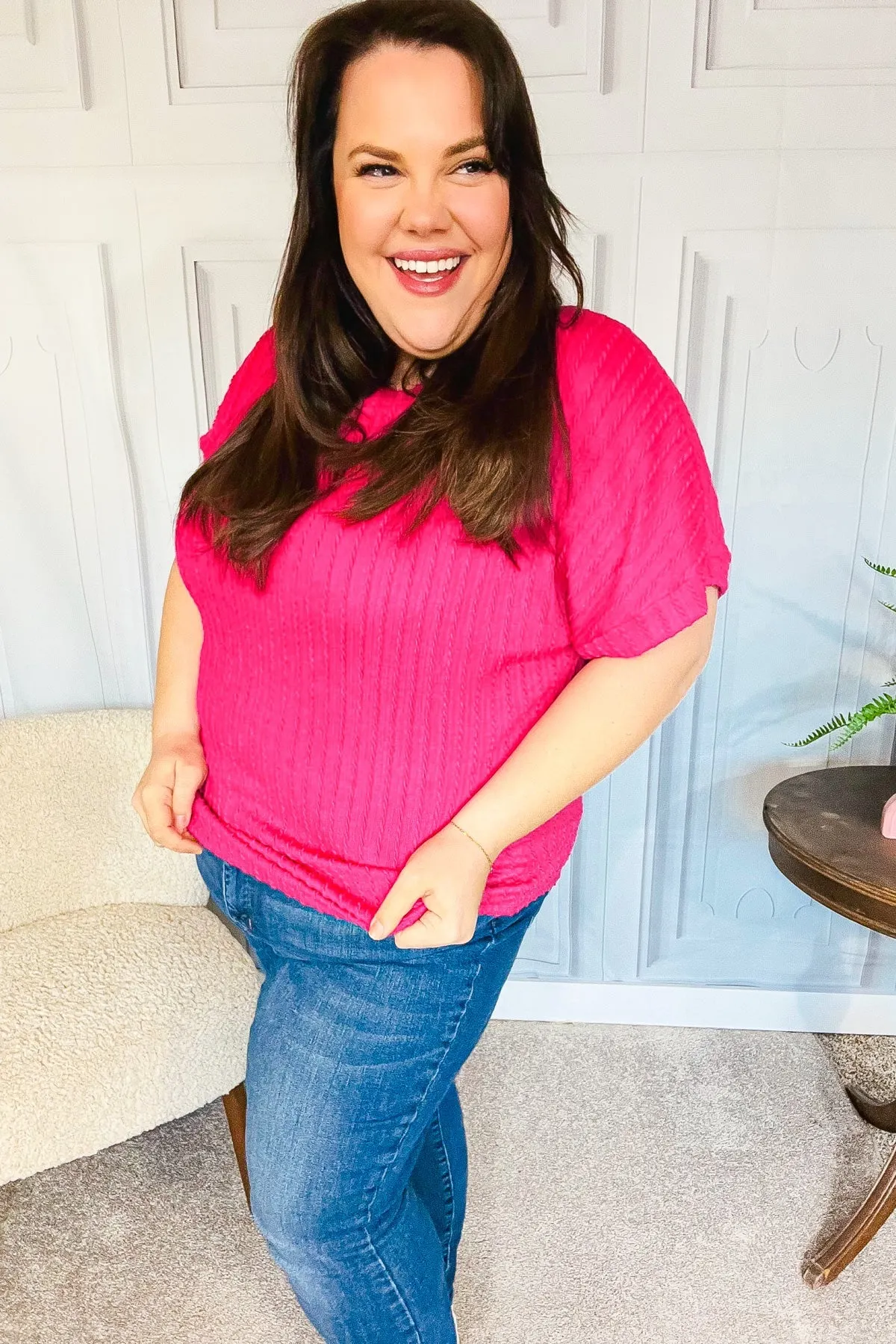 Maxct &Be Your Best Fuchsia Cable Knit Dolman Short Sleeve Sweater Top