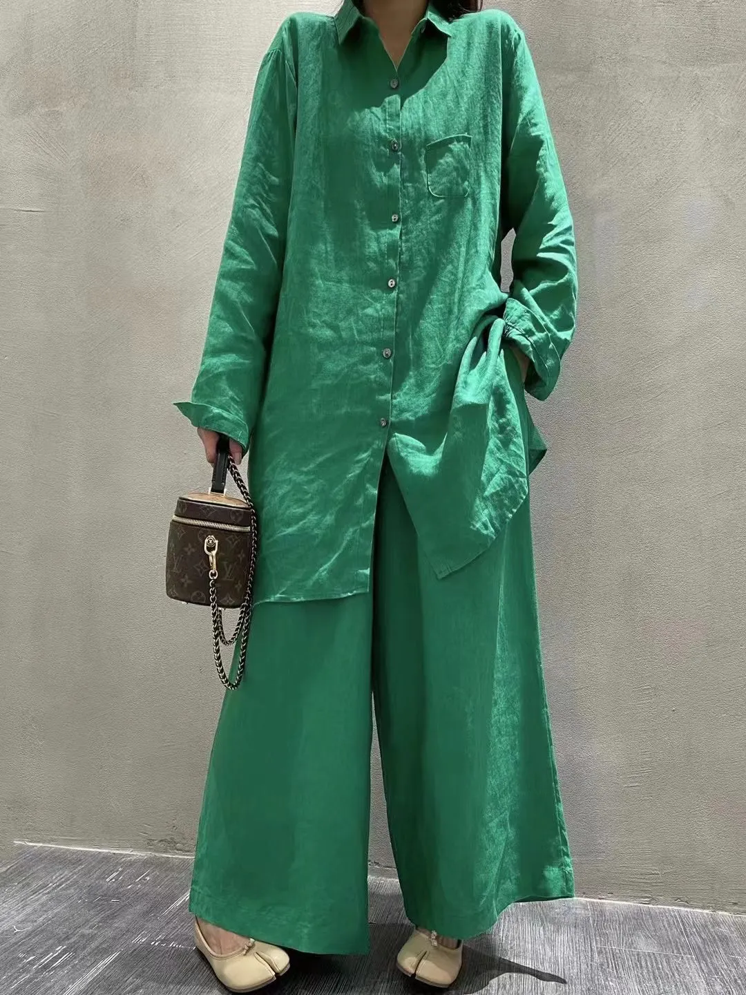 Maxct Retro Cotton Shirt&Wide-Leg Pants 2 Sets Suit