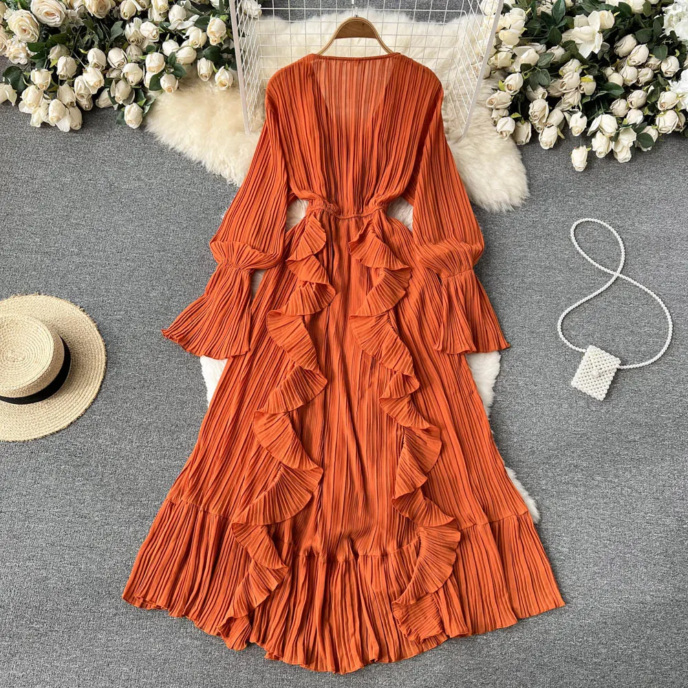 Chiffon Pleated Long Dress Women Vintage V-Neck Flare Sleeve Draped Ruffle Vestido Female Maxi Robe Spring Fall 1215-1