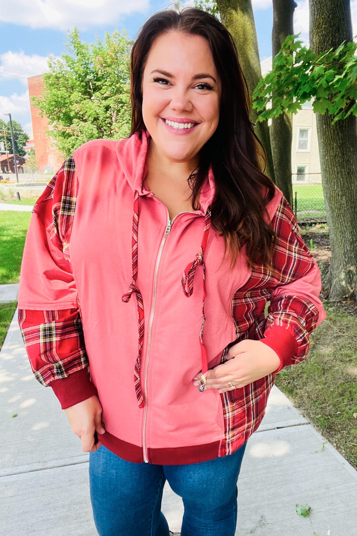Maxct &Adorable in Marsala Plaid Color Block Zipper French Terry Hoodie