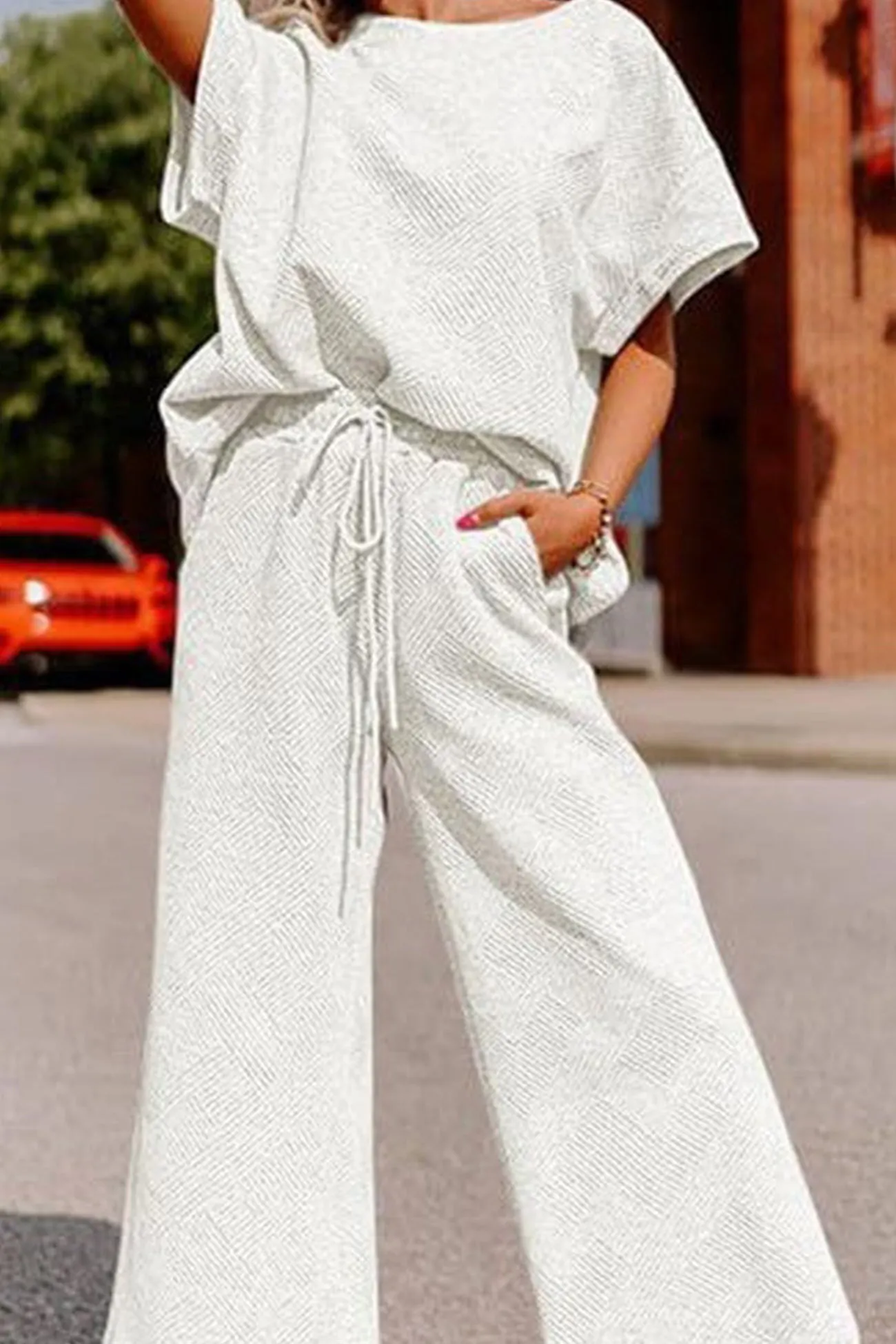 Maxct Solid Textured T-shirt Long Pants Set