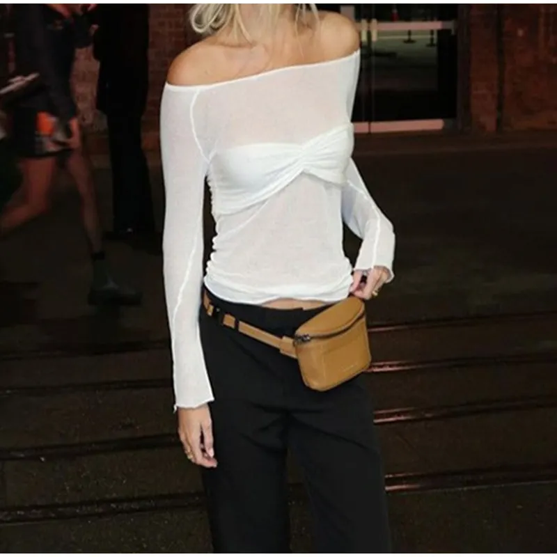 Sexy Transparent Off Shoulder Shirts Women Slim Fit Solid Perspective Thin T-Shirt Female Autumn Chic Elegant Daily Tops