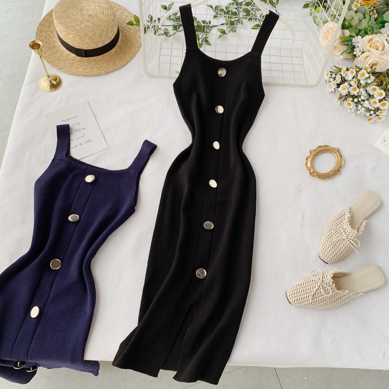 Summer Pink/Red/White/Black Women Knitted Dress Vintage High Waist Button Single-breasted Slim Casual Dress For Female New