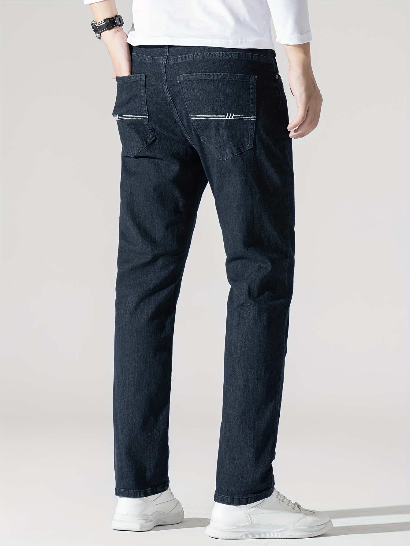 Men's High Stretch Jeans For Business, Slim Fit Denim Pants With Pockets For Spring Fall
