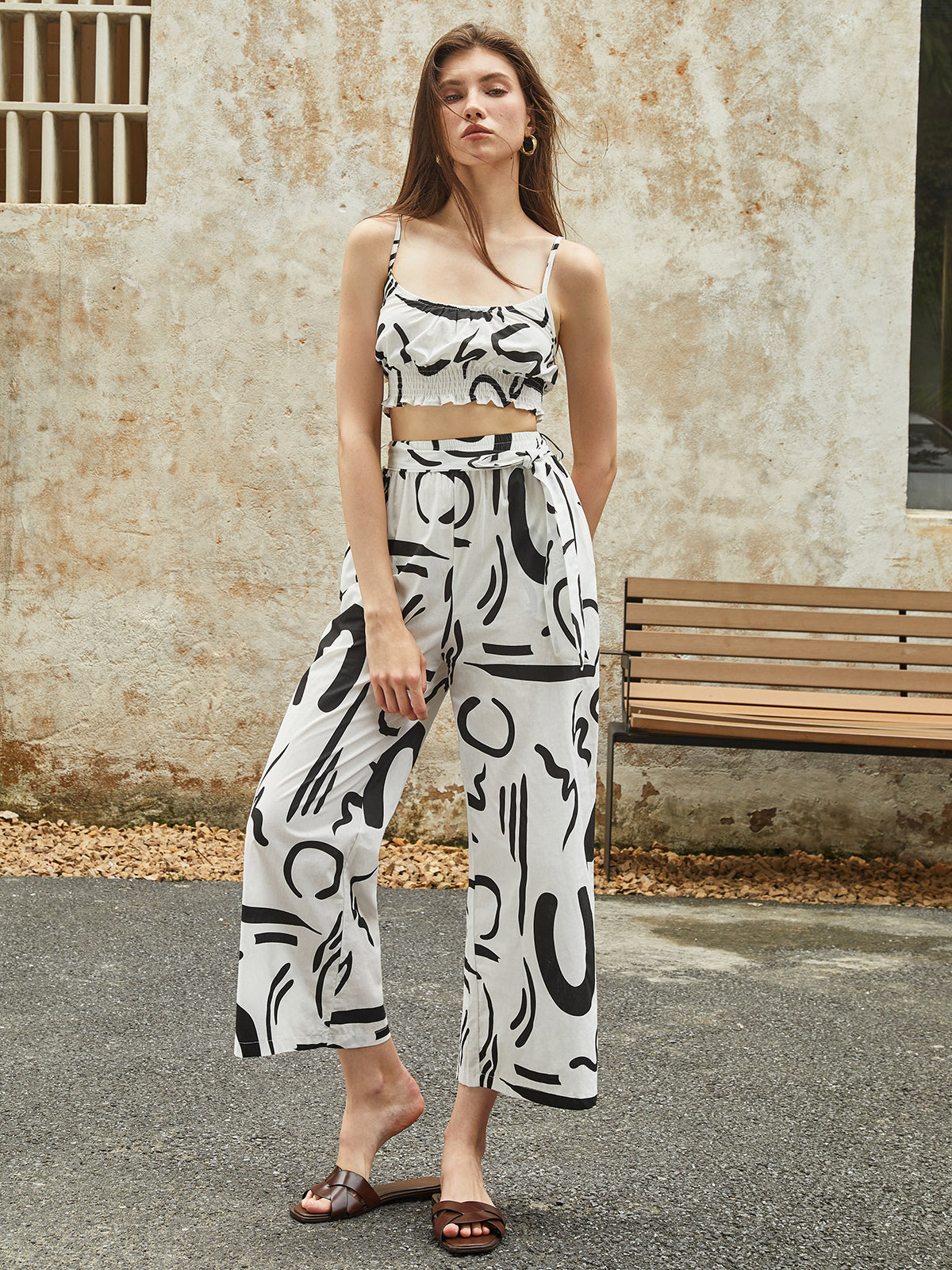 Maxct Irregular Print Pockets Belted Pants Set
