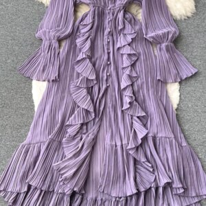Maxct Maxct Chiffon Pleated Long Dress Women Vintage V-Neck Flare Sleeve Draped Ruffle Vestido Female Maxi Robe Spring Fall 1215-1