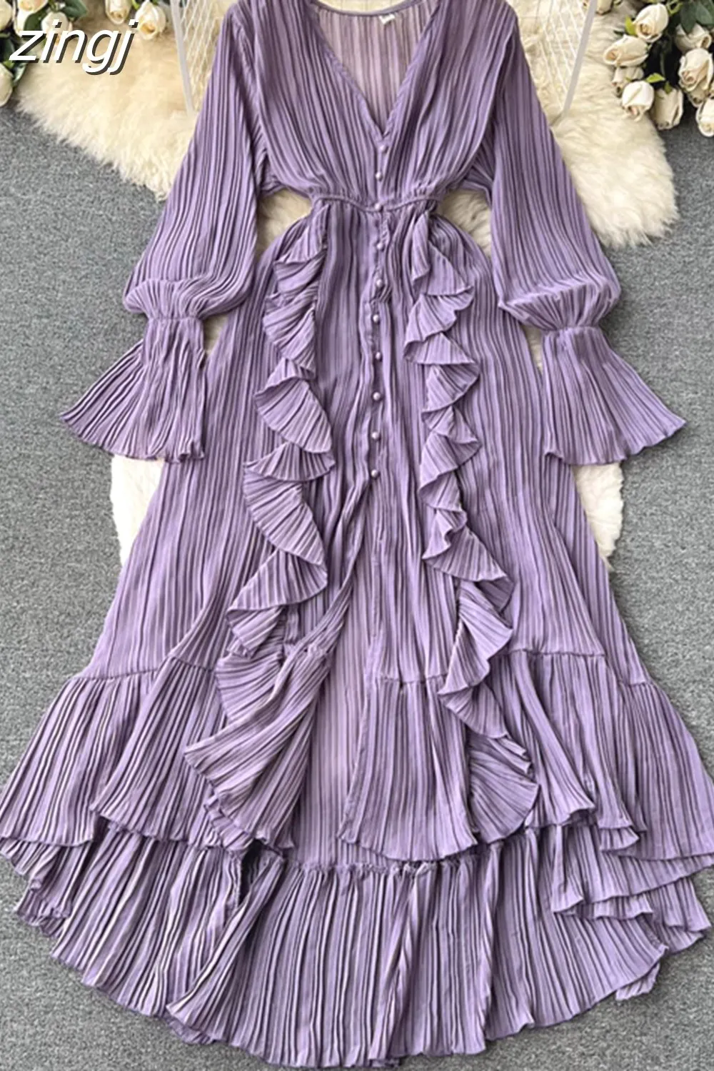 Maxct Maxct Chiffon Pleated Long Dress Women Vintage V-Neck Flare Sleeve Draped Ruffle Vestido Female Maxi Robe Spring Fall 1215-1