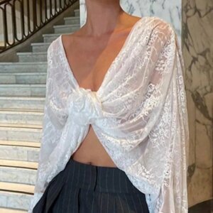 Maxct V Neck Lace Slit Long Sleeve Blouse