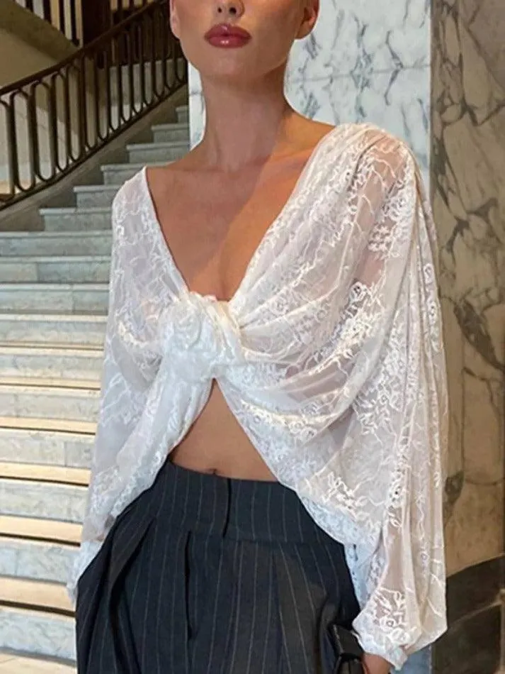 Maxct V Neck Lace Slit Long Sleeve Blouse