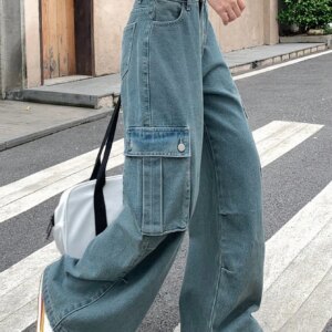 Maxct Women's Wide Leg Denim Pants Loose Fit Cargo Jeans With Pockets