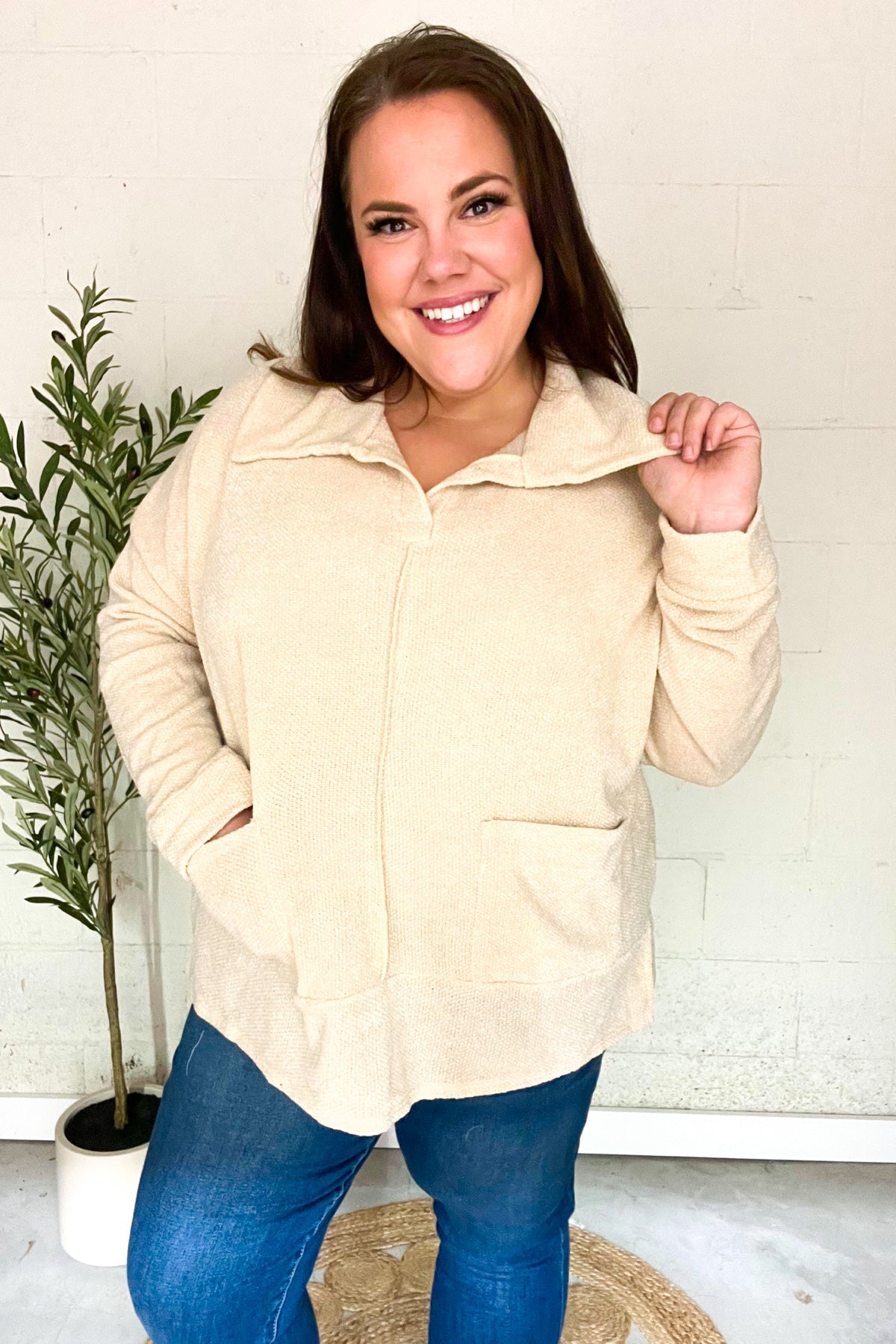 Maxct &Easy Living Oatmeal Textured Knit Notch Neck Oversized Collar Sweater