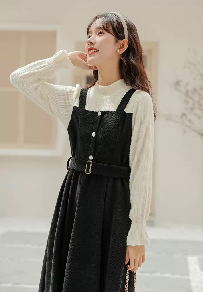 Corduroy Knit Belted Twofer Midi Dress Maxct