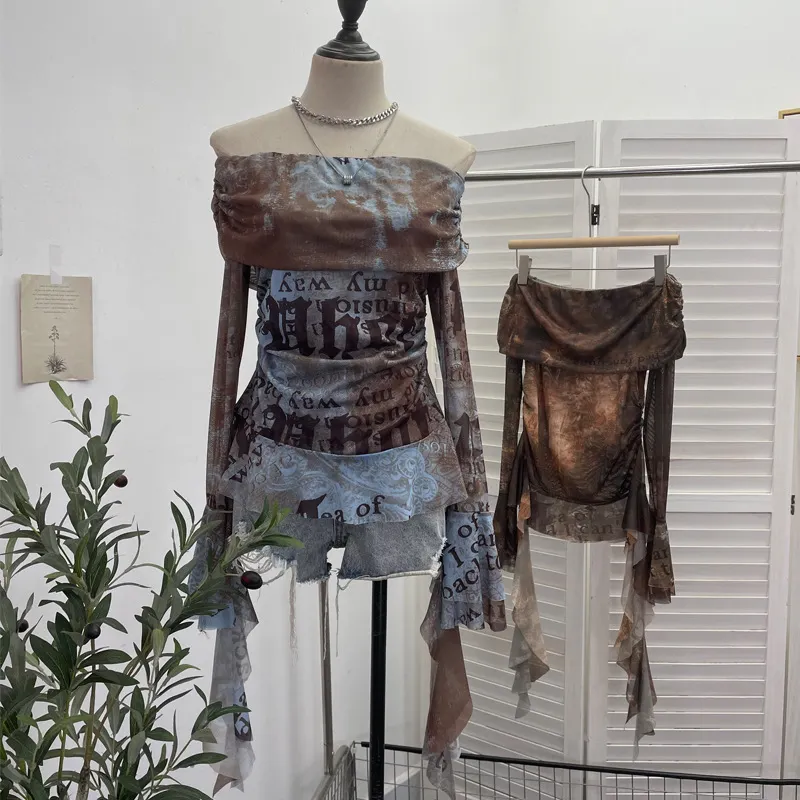 Maxct off-Shoulder Ribbon Tie-Dyed Printed Mesh Shirt Top Hot Girl Design Pleated Long Sleeve T-shirt 8003