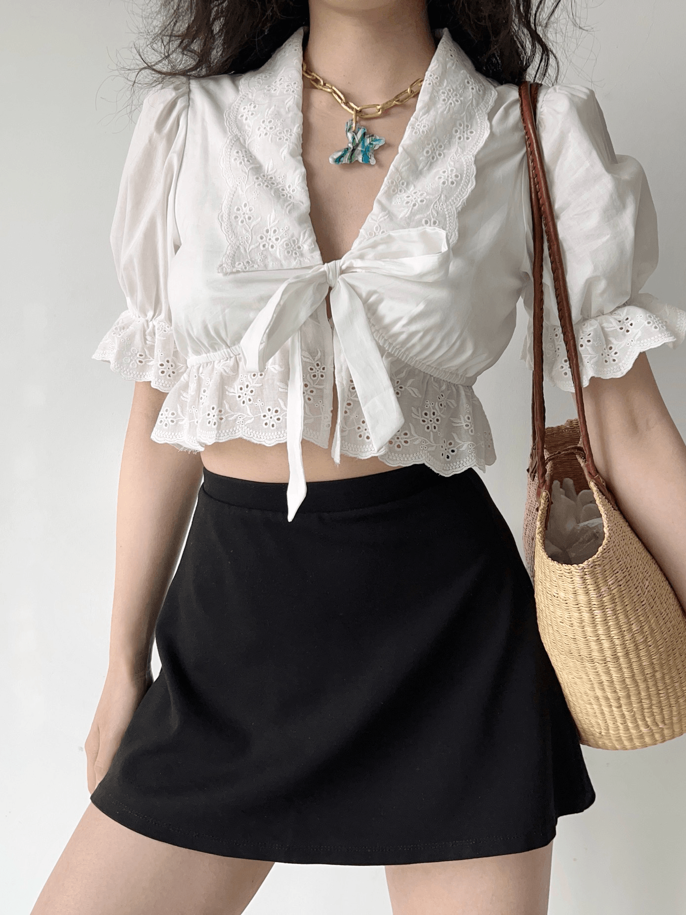 Maxct French Court Style Puff Sleeve Embroidered Tie White Shirt