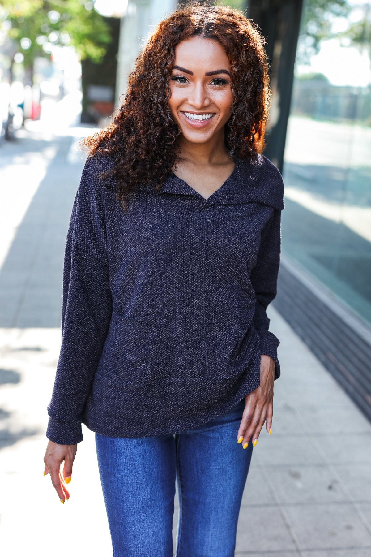 Maxct &Easy Living Charcoal Textured Knit Notch Neck Oversized Collar Sweater