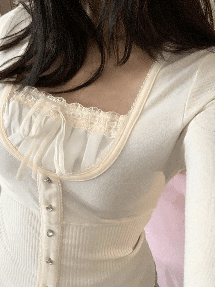 Maxct Fleece Bow-Neck Ribbed Lace Blouse
