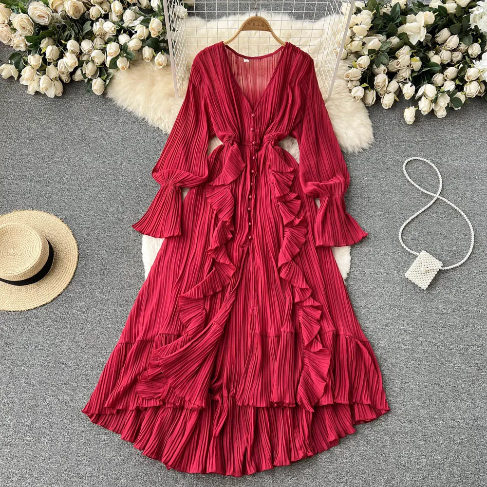 Chiffon Pleated Long Dress Women Vintage V-Neck Flare Sleeve Draped Ruffle Vestido Female Maxi Robe Spring Fall 1215-1