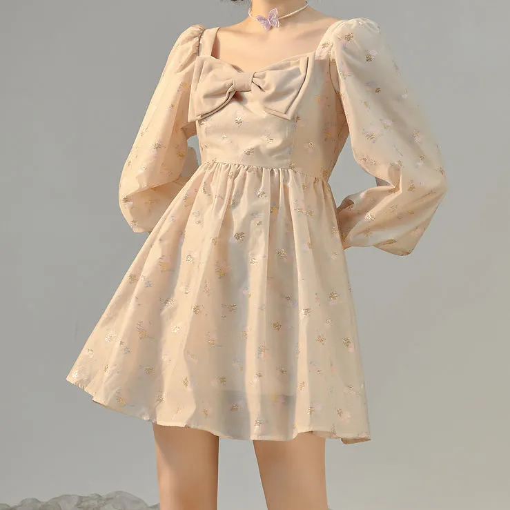 Puff Sleeve Bow Floral Jacquard Dress Maxct