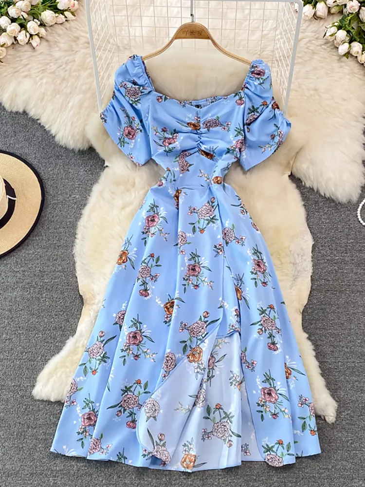 Vintage Women Printed Dresss Sexy Square Collar Short Puff Sleeve High Waist A-Line Vacation Beach Vestidos Female New
