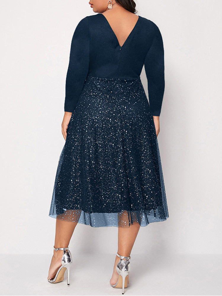 Long Sleeve Double V Neck Contrast Mesh Midi Dress Maxct