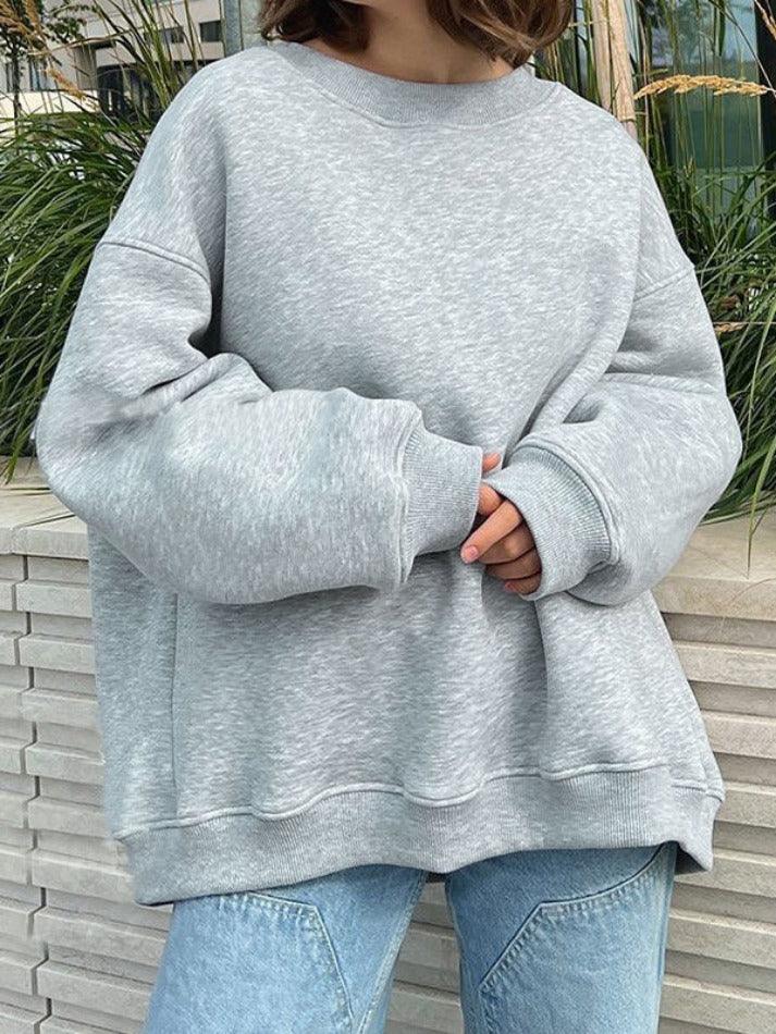 Maxct-Solid Crew Neck Oversized Sweatshirt