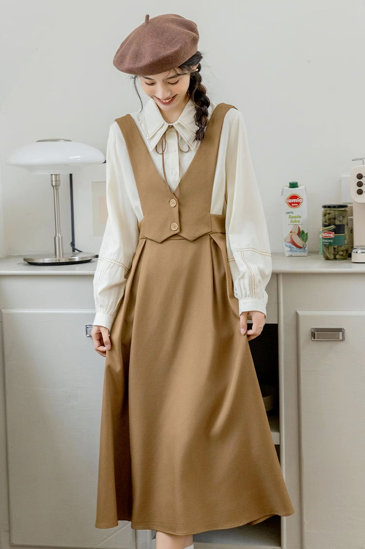 Basic Woven Vest Pinafore Dress / Blouse Maxct