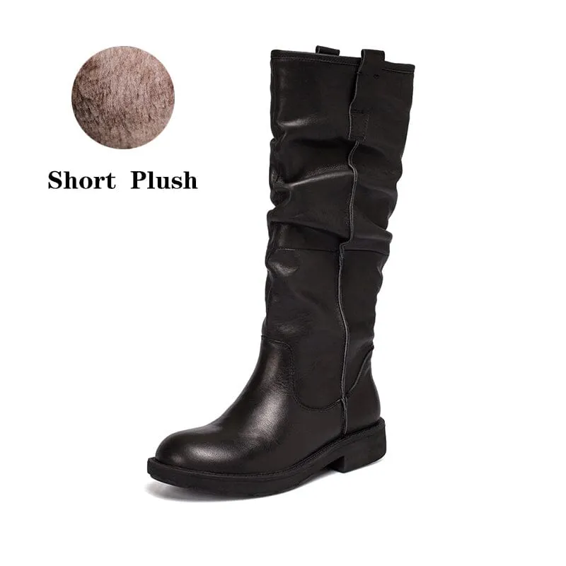 Waxing Knee High Boots Fold Design Riding Boots Buckle Boots Maxct