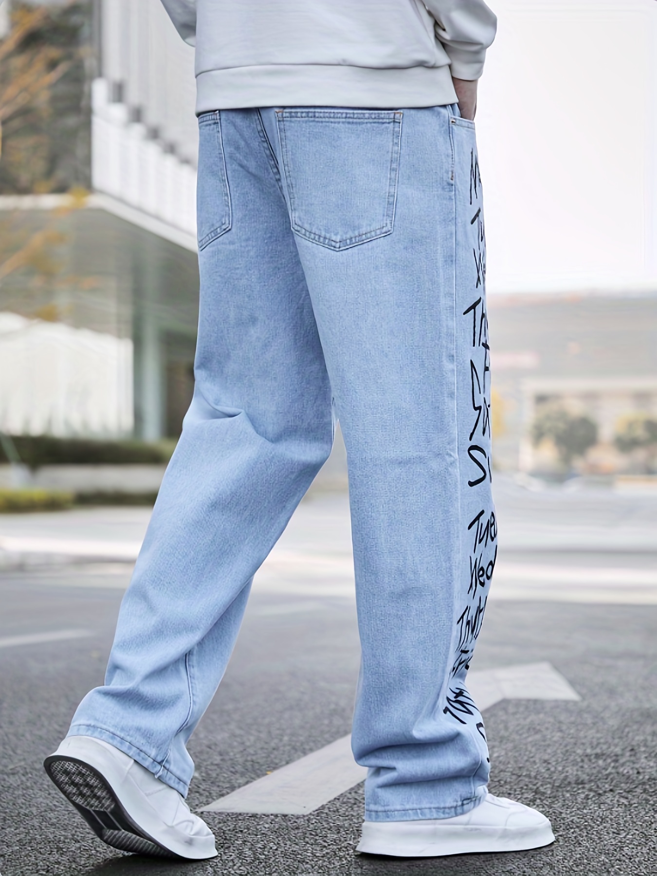 Letter Print Loose Fit Jeans, Men's Casual Street Style Wide Leg Denim Pants For All Seasons