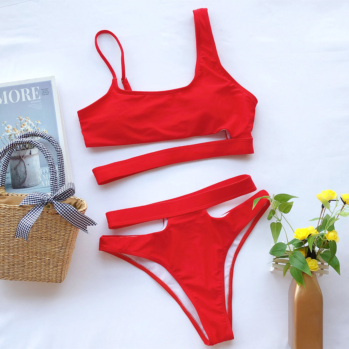 Cut Out Pure Color Bikini Fashion Bikini Fashion Sexy Split Swimsuit Women Swimsuit