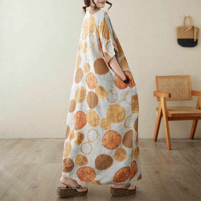 Women Summer V-Neck Cotton Linen Loose Dress