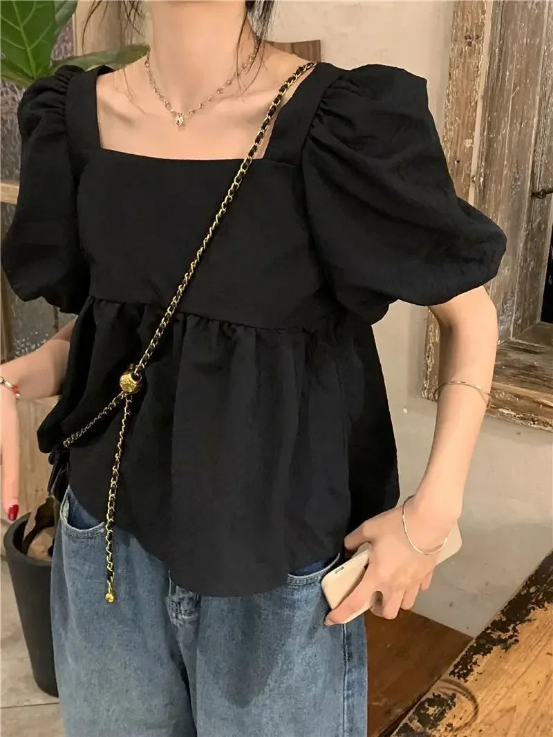 Maxct Blouses Women Square Collar Sweet Loose French Style Puff Sleeve Chic Ruffles Simple Ulzzang Solid Fashion Temper Student Summer