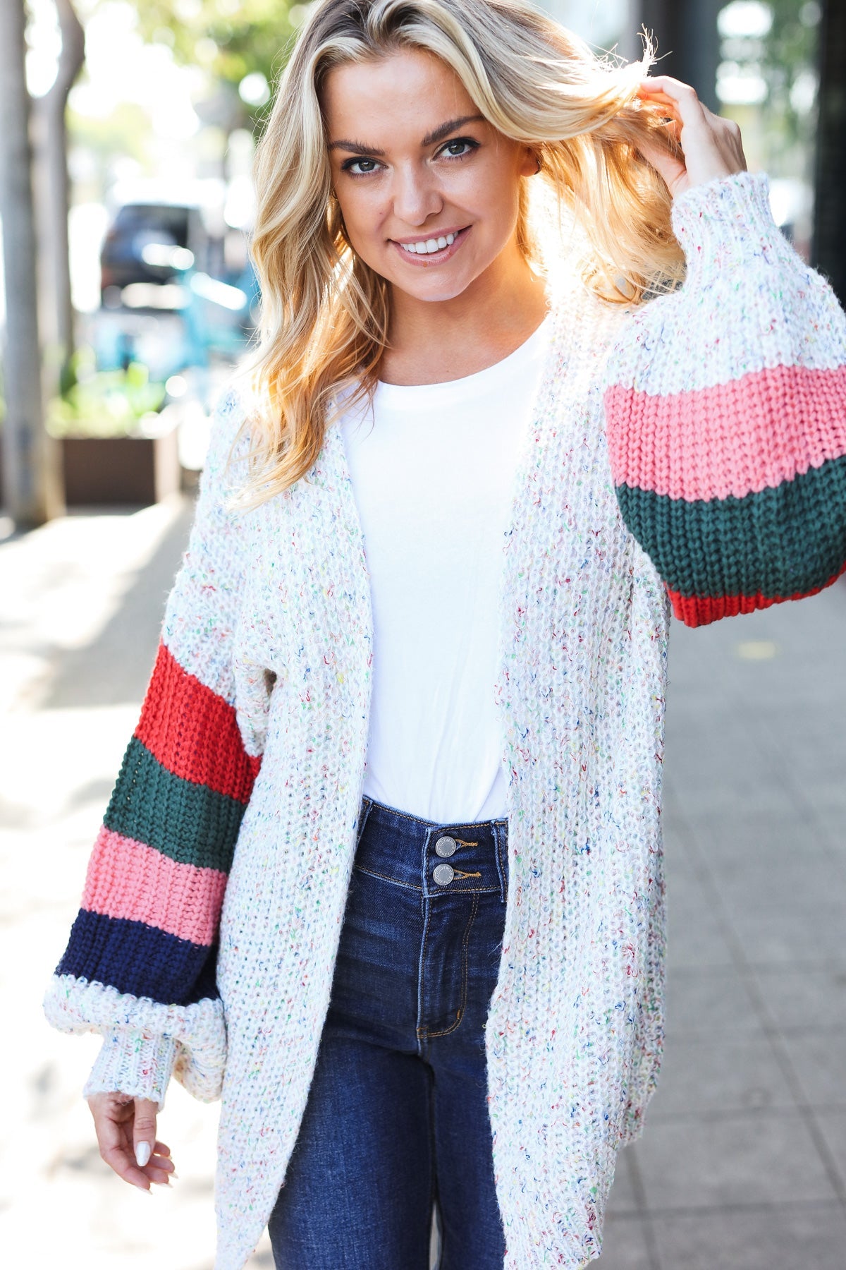 Maxct &Weekend Ready Ivory Multicolor Mixed Thread Bubble Sleeve Cardigan