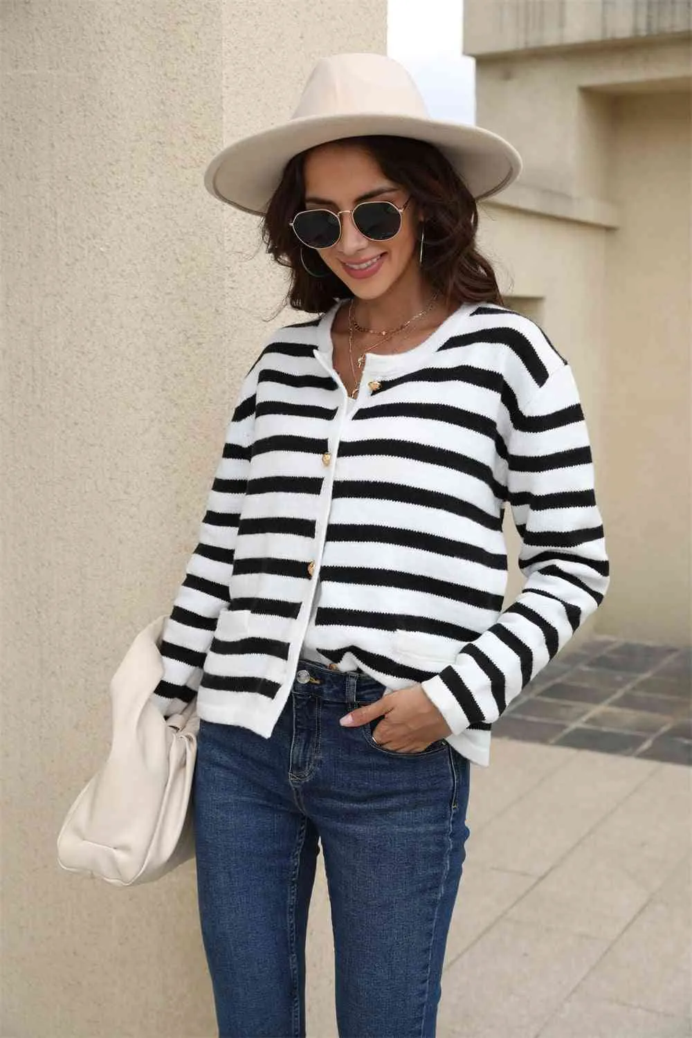 Maxct &Striped Round Neck Button-Down Dropped Shoulder Cardigan