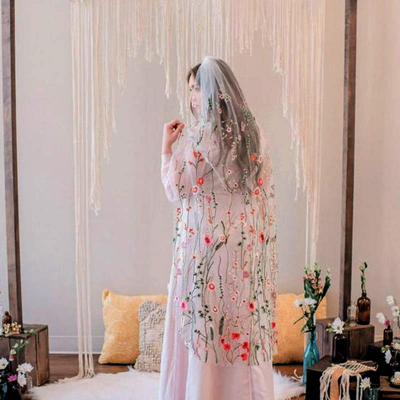 Maxct funky yellow sunglasses Bohemian Bridal Headdress Long Shawl Veil Embroidered Veil Colorful Embroidered Veil