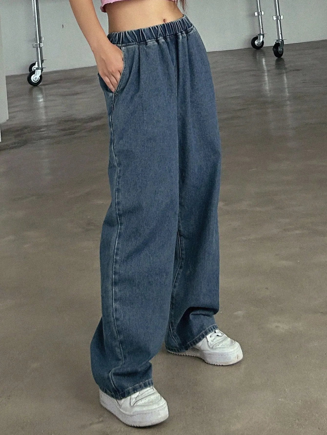 Maxct Women's Elastic Waist Wide Leg Loose Fit Casual Denim Pants With Pockets