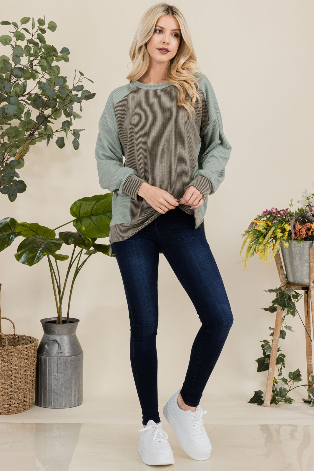 Maxct &Celeste Full Size High-Low Contrast Round Neck Sweatshirt - Image 10