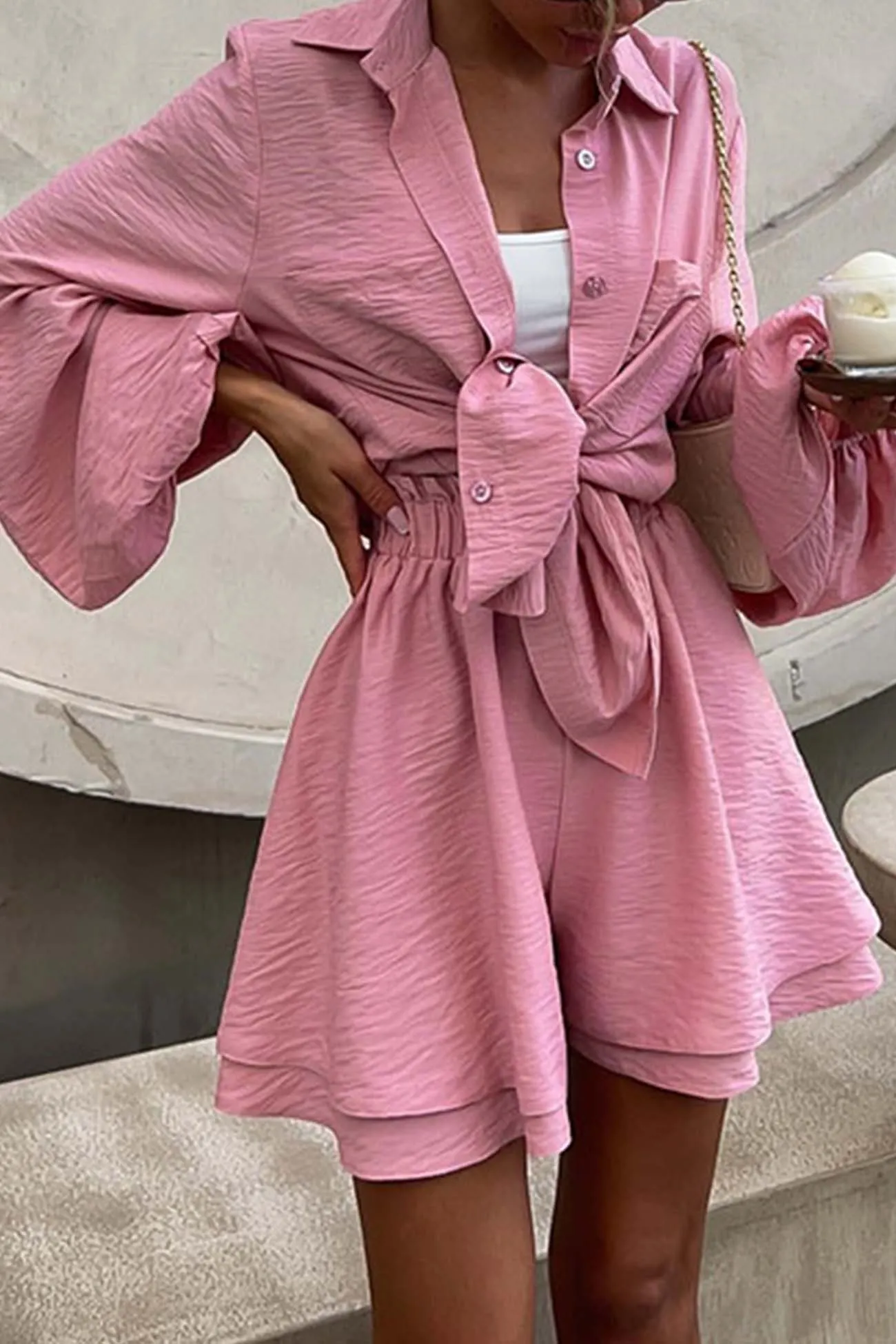 Maxct Solid Color Puff Sleeve Shirt Shorts Set