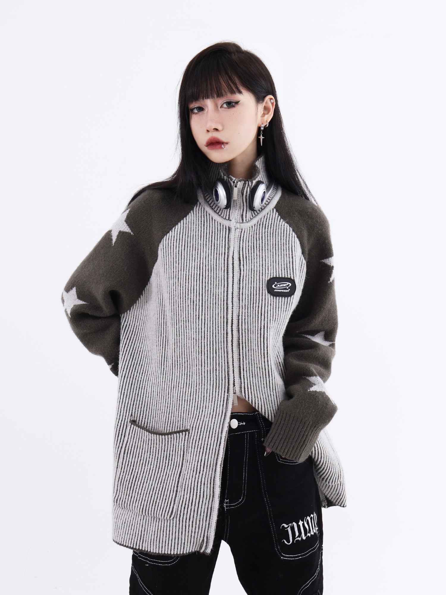 Maxct Knit Star Print Loose High Neck Cardigan