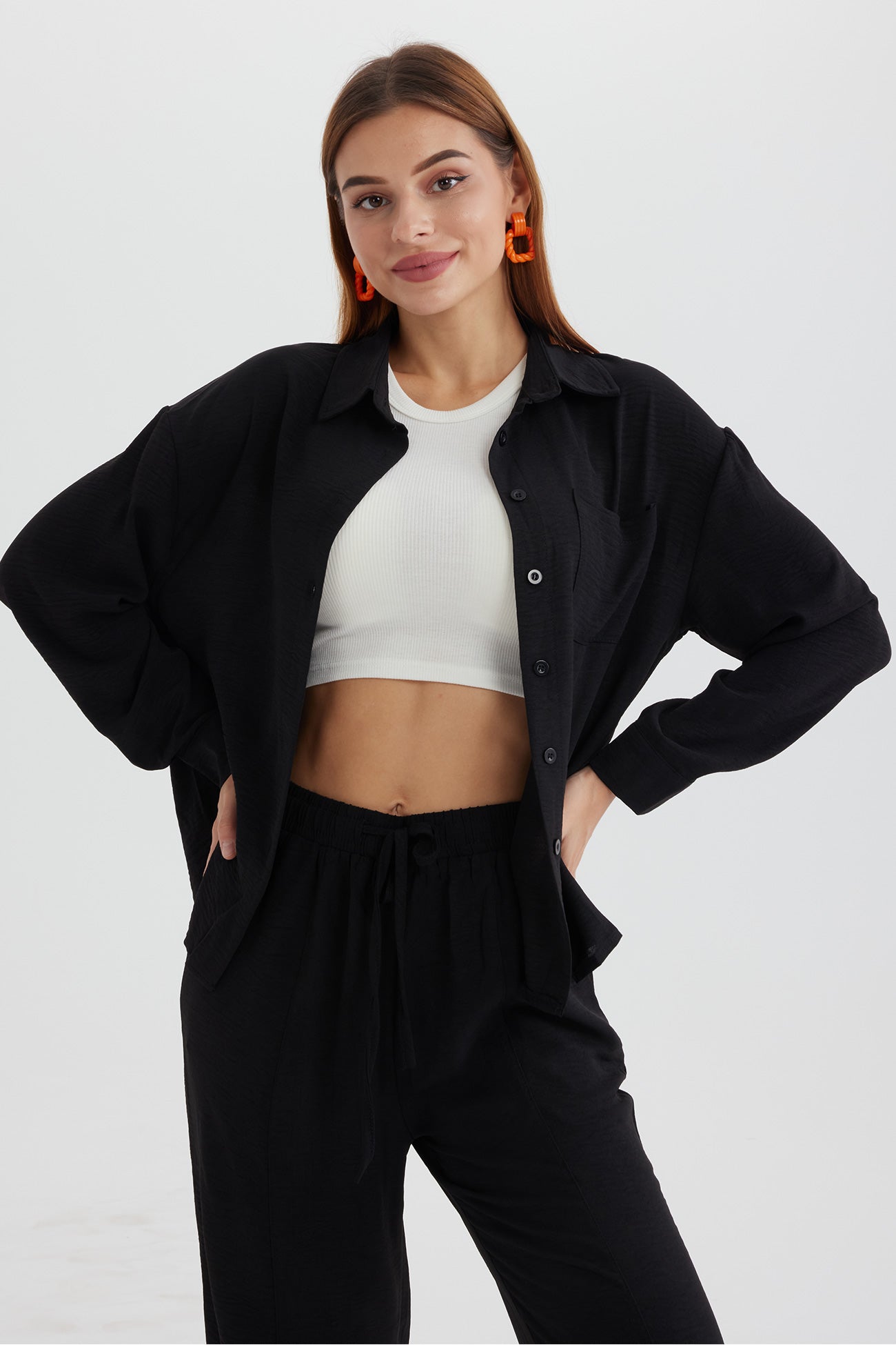 Maxct Long Sleeve Solid Color Shirt Long Pants Set - Image 46