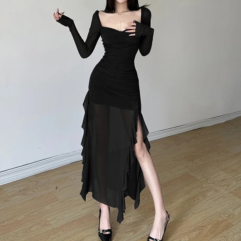 Y2k Gentle Temperament Ruffled Square Collar Slit Dress FeCross-Border Solid Color Long Sleeve Strap Wrapped Hip Long Dress Maxct