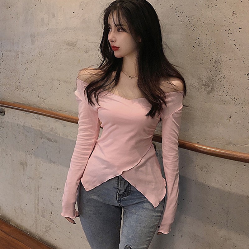 Maxct Women Sexy Slim V neck T-shirt Long Sleeve Solid Color Off Shoulder Korean Sweet Tee Tops Basic Tshirt