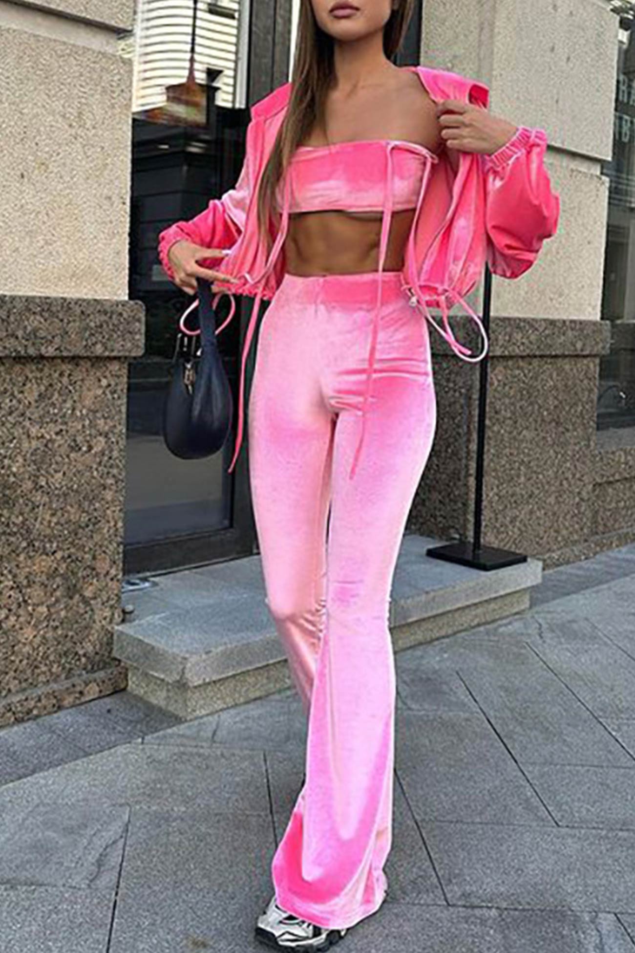 Maxct Velvet Tie-back Vest Hoodie Three-piece Pants Suits