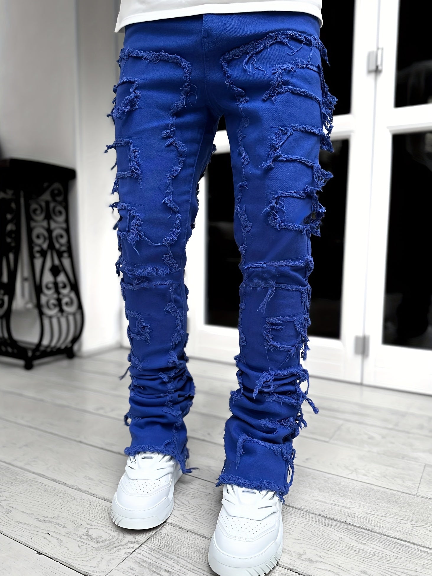 Maxct Creative Tassels Decoration Straight Fit Jeans, Men's Casual Medium Stretch Street Style Denim Pants For All Seasons