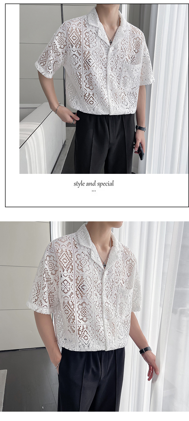 Summer New Casual Hollow Out Shirts Men Sexy See Through Breathable Shirt For Mens Fashion Solid Color Lapel Buttoned Cardigans