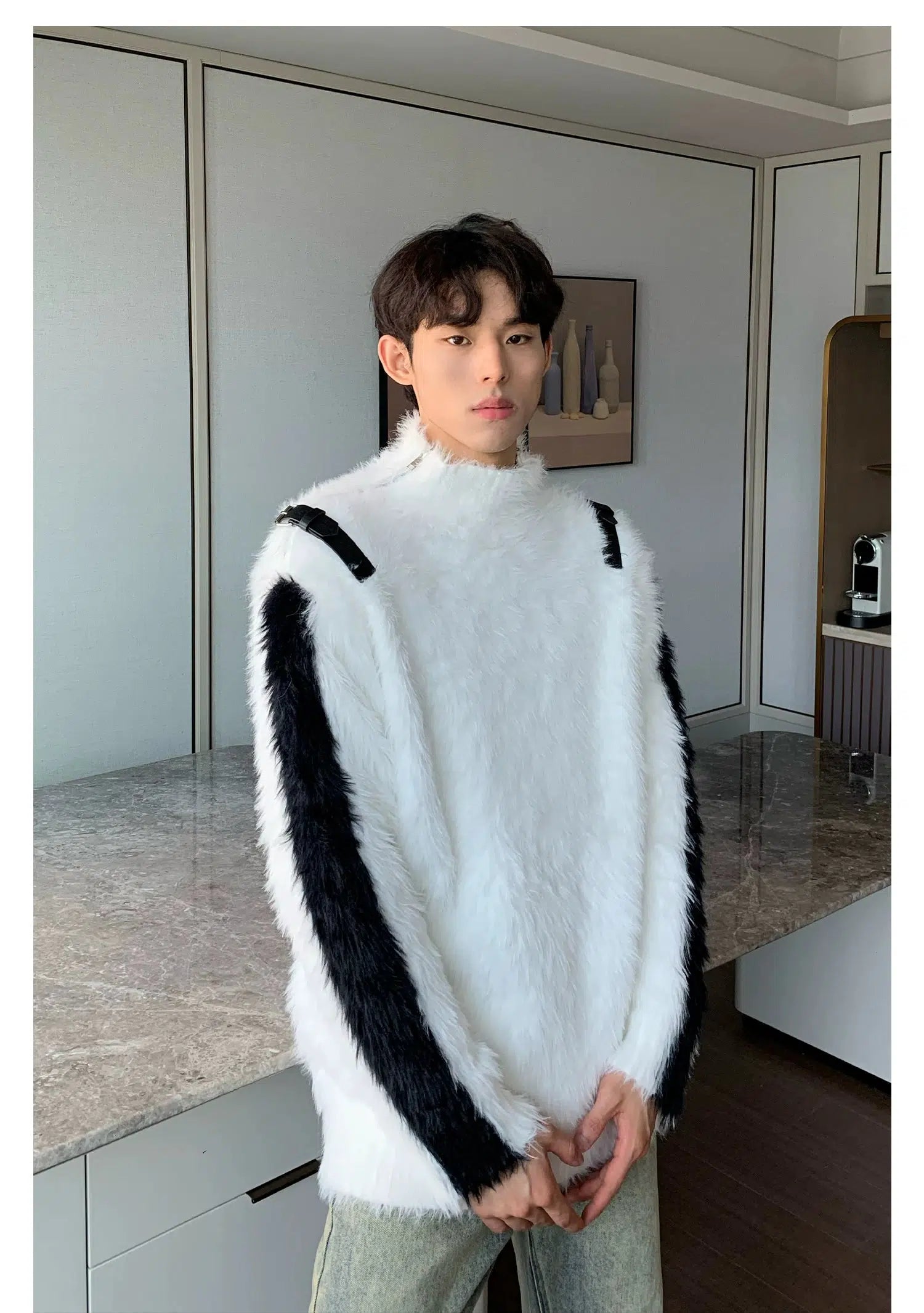 Maxct Colorblock Stand-up Collar Faux Mink Sweater