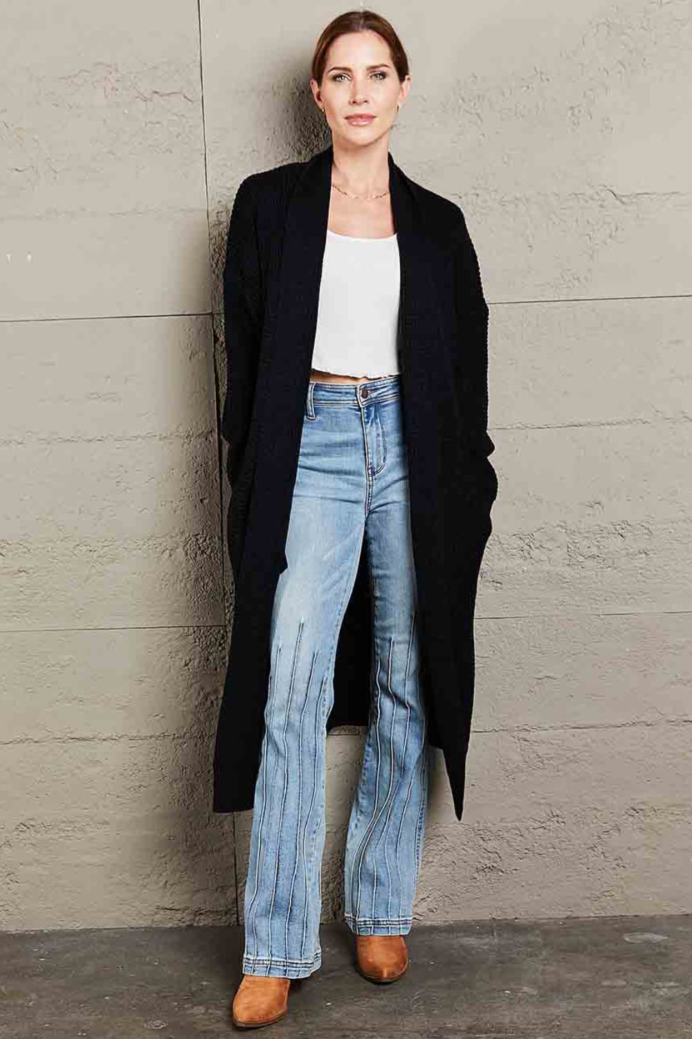 Maxct &Double Take Waffle Knit Open Front Duster Cardigan With Pockets