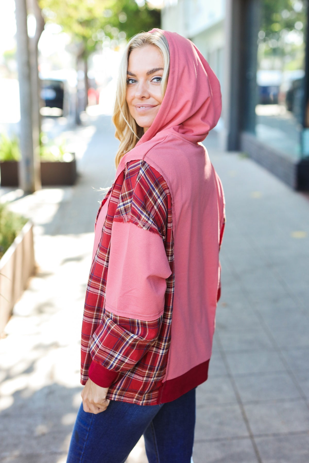 Maxct &Adorable in Marsala Plaid Color Block Zipper French Terry Hoodie