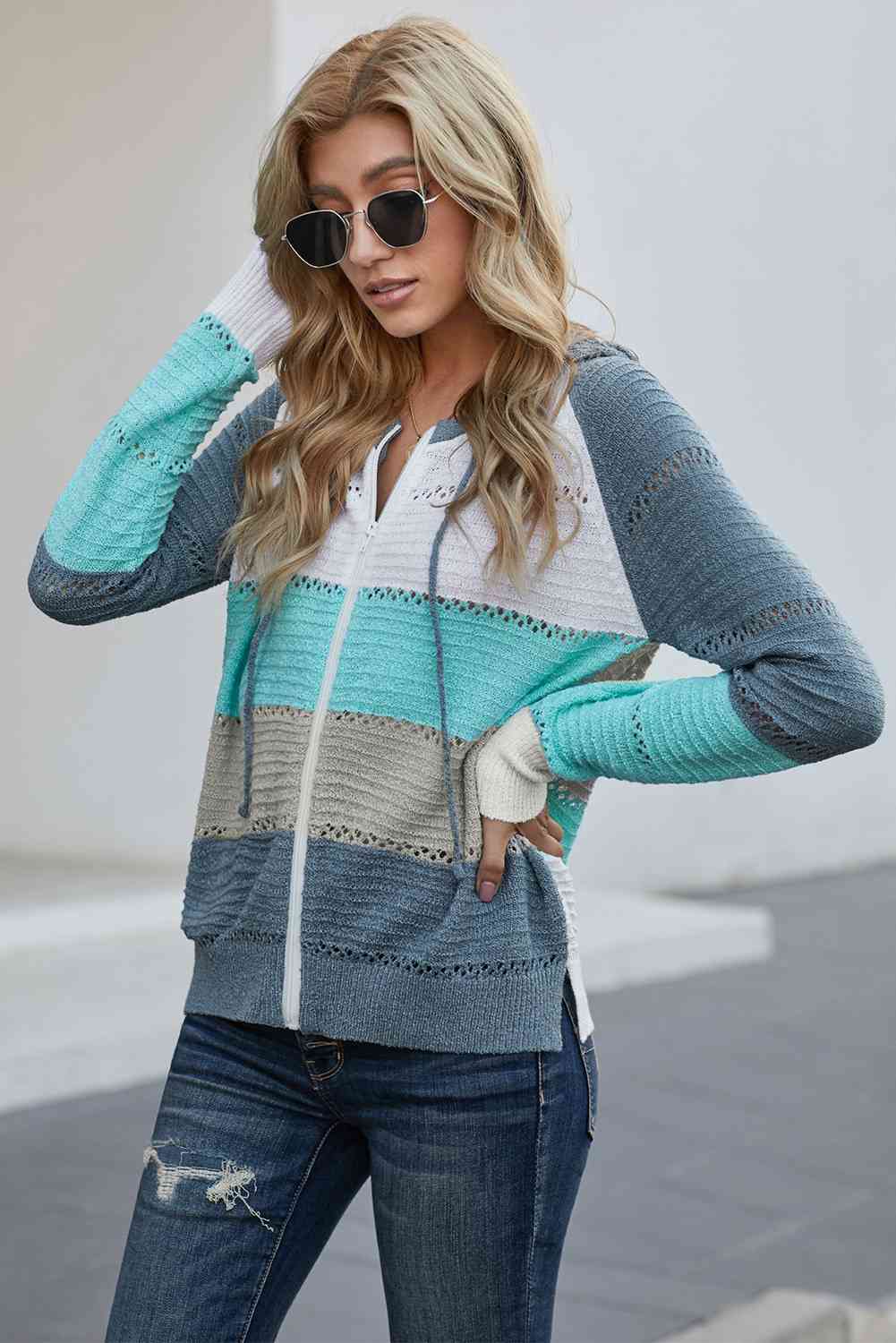 Maxct &Zip-Up Raglan Sleeve Openwork Hooded Cardigan - Image 17