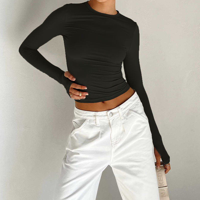 Female Korean Fashion Crop Tops Women Long Sleeve T-Shirts Solid Color O Neck Slim Fit Casual Basic Tees Going Out Outfits